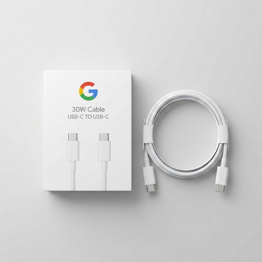 30W cable with USB-C to USB-C connectors and packaging on a light gray background